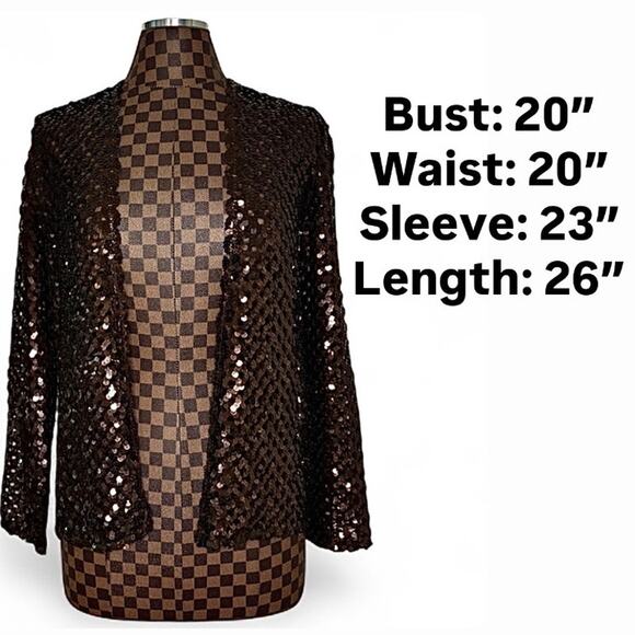Brown Sequin Open Knit Jacket Cardigan M/L Crochet Glam Preppy Disco Dramatic - Picture 8 of 10